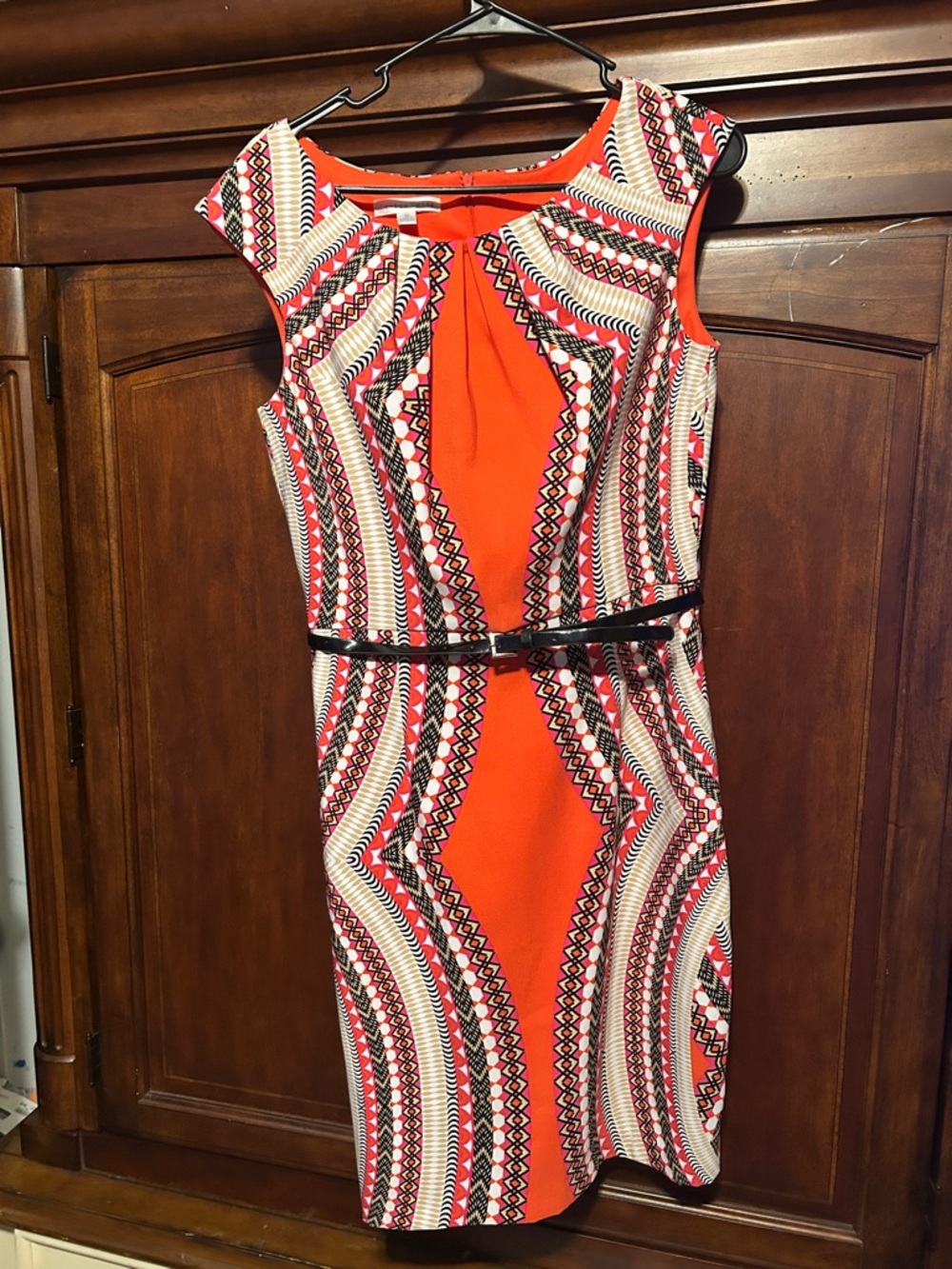 London Times Orange Geometric Midi Dress with Black Belt